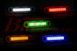 LAMPA fristom /żółta 'DARK' OBRYSOWA LED 12-36V / długa; 8 diod / z wiązką elektryczną 0,15m / z podkładką na karoserię i orurowanie / opakowanie 10szt. /